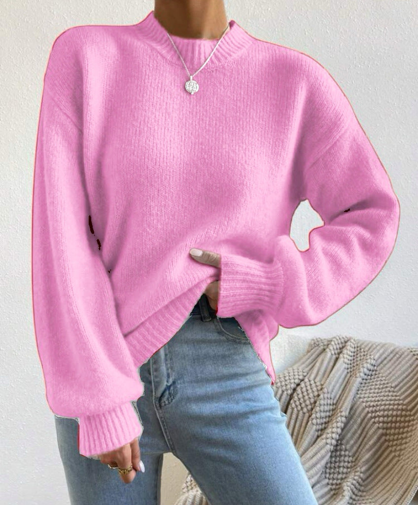 Womens Pure Color Half Collar Pullover Sweater