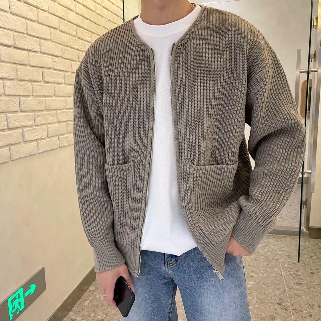 Mens Zip Up Knitted Cardigan Funnel Neck Sweater