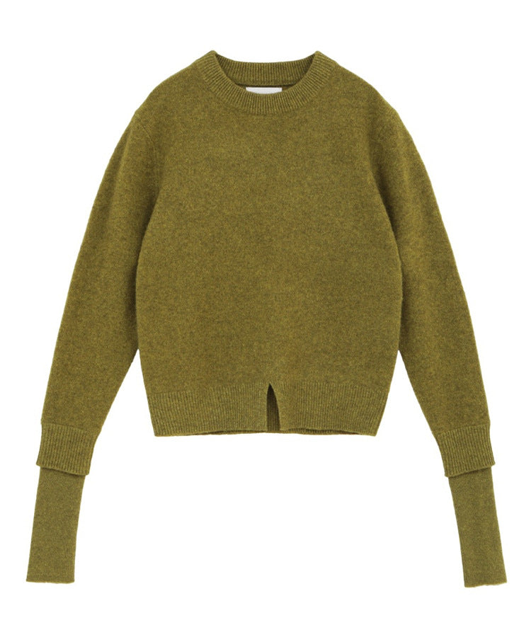 Womens Round Neck Stacked Sleeve Knit Sweater