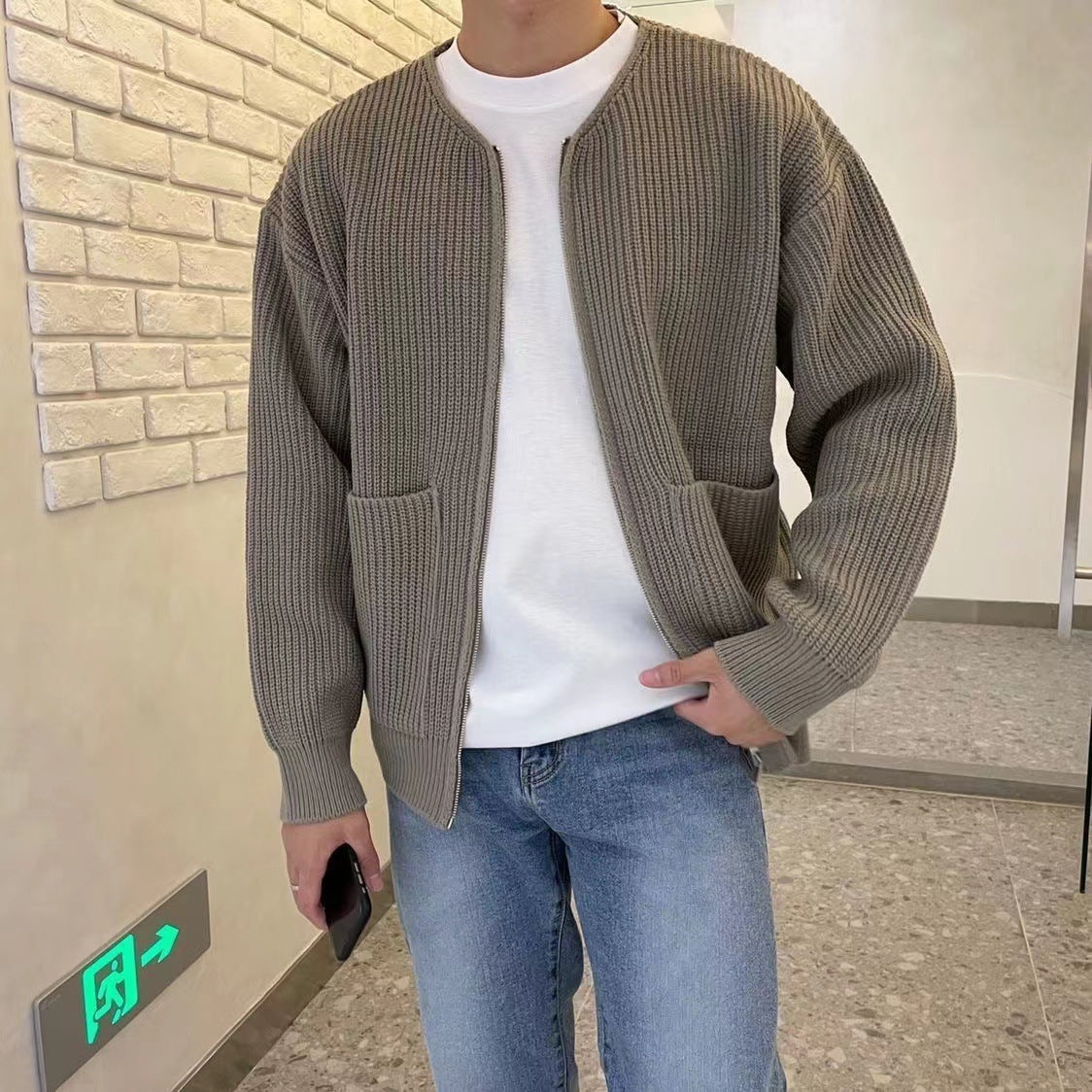 Mens Zip Up Knitted Cardigan Funnel Neck Sweater